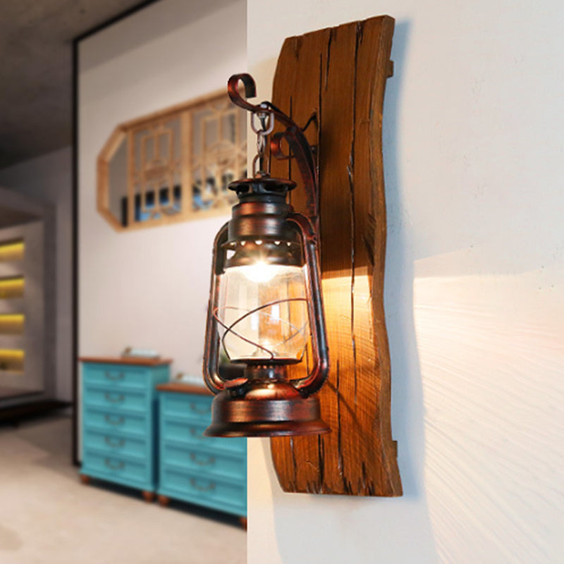 Brown Kerosene Lamp Wall Sconce Antique Clear Glass 1-Head Lodge Wall Light with Wood Backplate