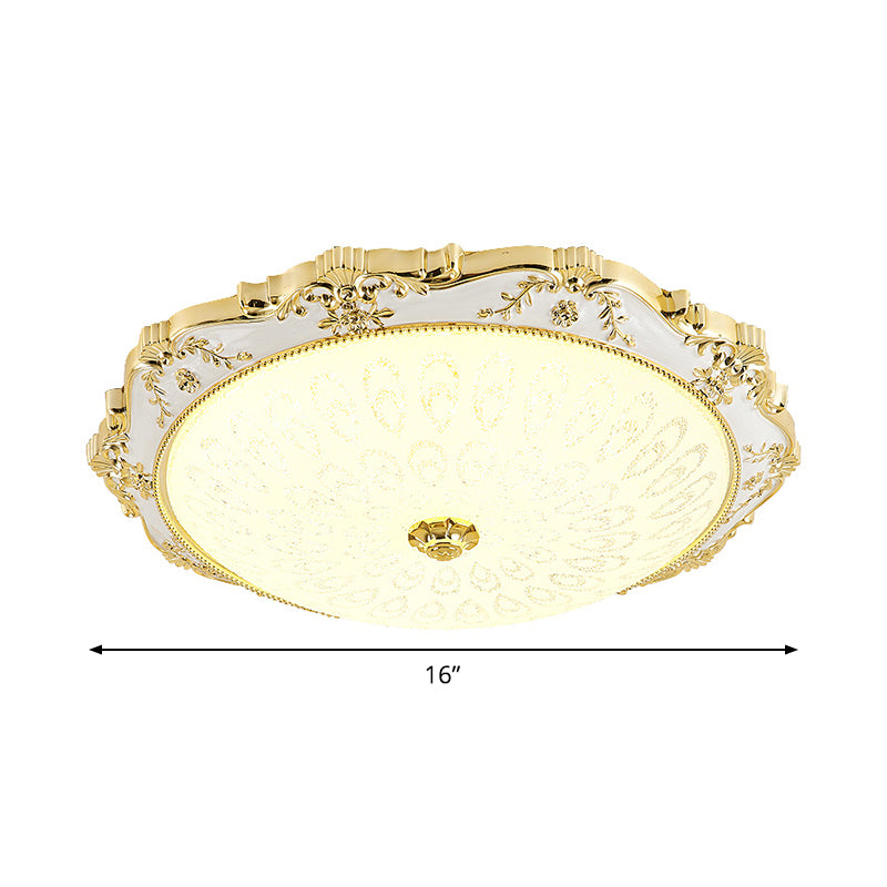 LED Round Ceiling Flush Traditional White and Gold Milky Glass Printed Flush Mount Lighting