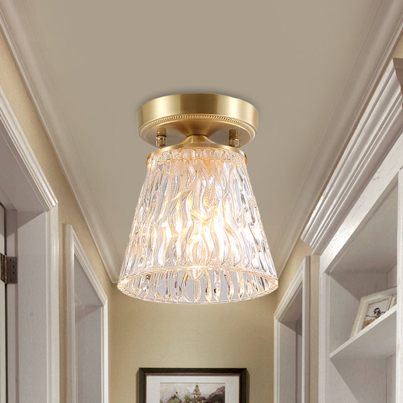 Brass 1-Light Semi Flush Mount Traditional Clear Ripple/Fluted Glass Cone/Flower Ceiling Flush for Living Room