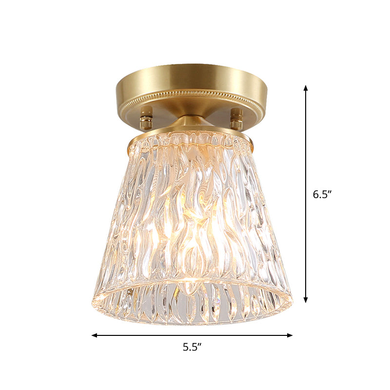 Brass 1-Light Semi Flush Mount Traditional Clear Ripple/Fluted Glass Cone/Flower Ceiling Flush for Living Room