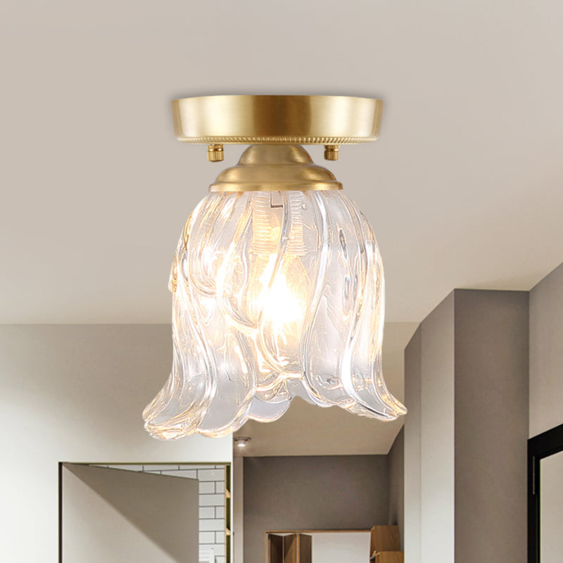 Brass 1-Light Semi Flush Mount Traditional Clear Ripple/Fluted Glass Cone/Flower Ceiling Flush for Living Room