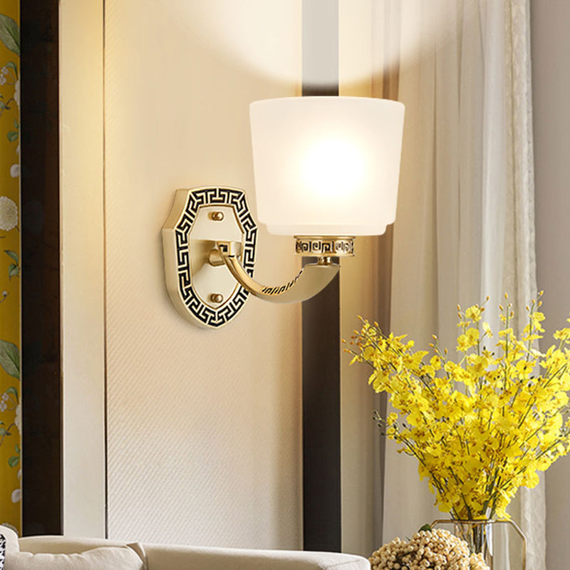 Cylinder Sitting Room Sconce Light Retro Style Opal Glass Single Head Brass Wall Mounted Lamp