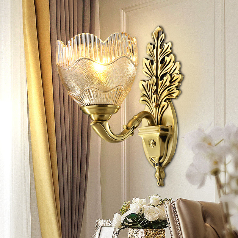 Gold Single Light Wall Sconce Antique Clear Ribbed Glass Flower Bud Wall Lighting Idea