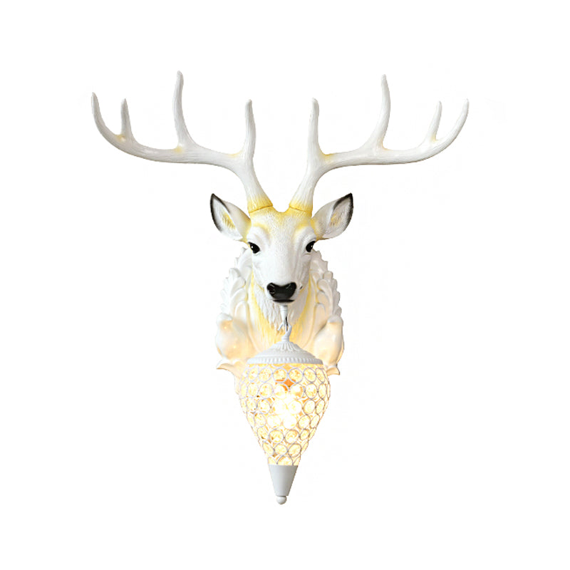 Country Oval Wall Mounted Lamp Single Light Beveled Crystal Wall Lighting Idea with Deer Head Design in White