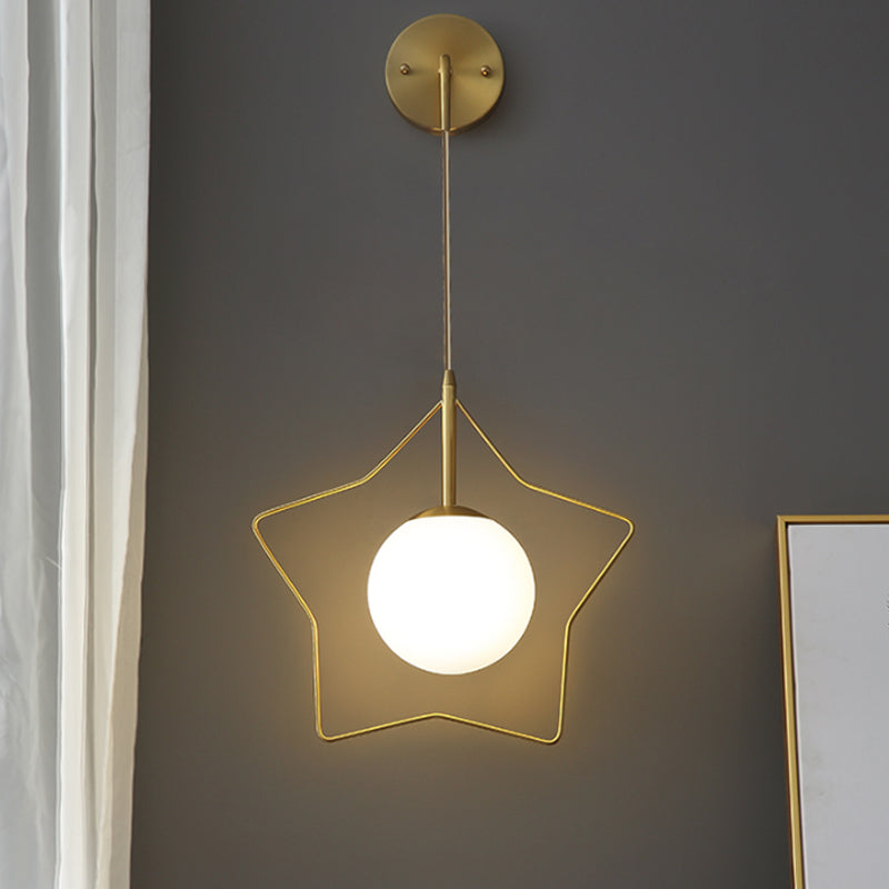 Metallic Star Wall Mounted Light Minimalist 1 Bulb Gold Wall Lighting Fixture with Ball White Glass Shade
