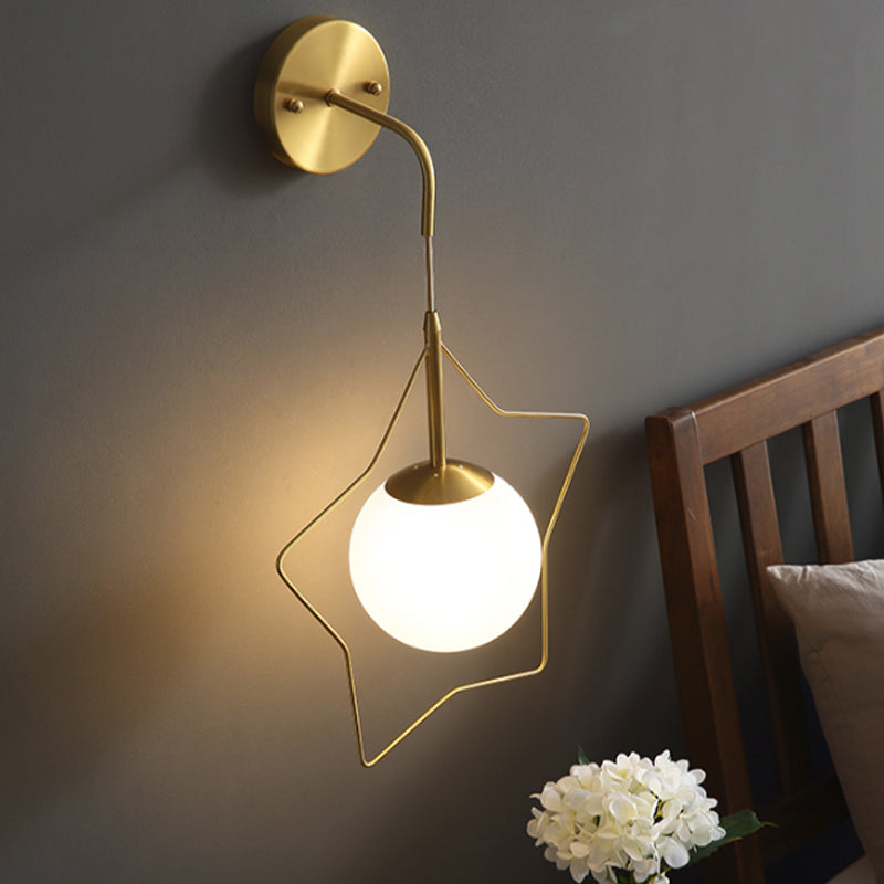 Metallic Star Wall Mounted Light Minimalist 1 Bulb Gold Wall Lighting Fixture with Ball White Glass Shade