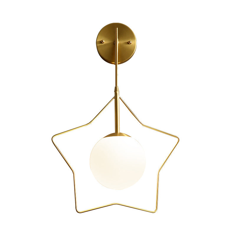 Metallic Star Wall Mounted Light Minimalist 1 Bulb Gold Wall Lighting Fixture with Ball White Glass Shade