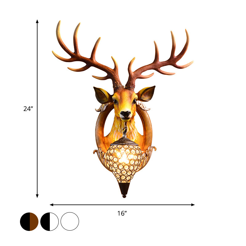 Deer Head Living Room Sconce Light Farmhouse Resin Single Bulb White/Black-White/Black-Brown Wall Mounted Lamp with Ball Beveled Crystal Shade