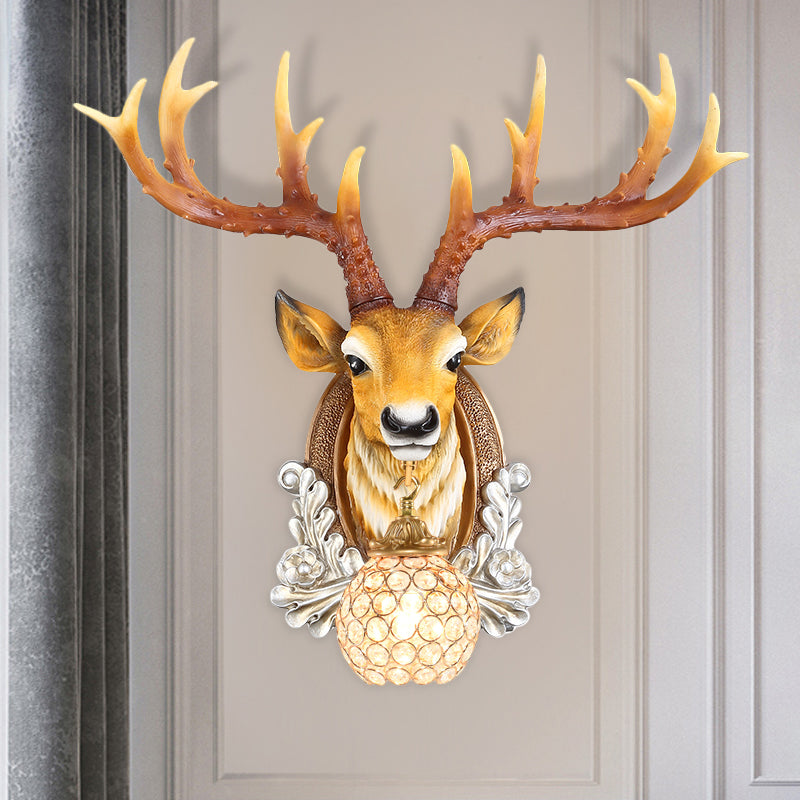 Ball Living Room Wall Sconce Cottage Beveled K9 Crystal 1 Head Grey/Yellow Wall Mounted Lighting with Deer Head Design