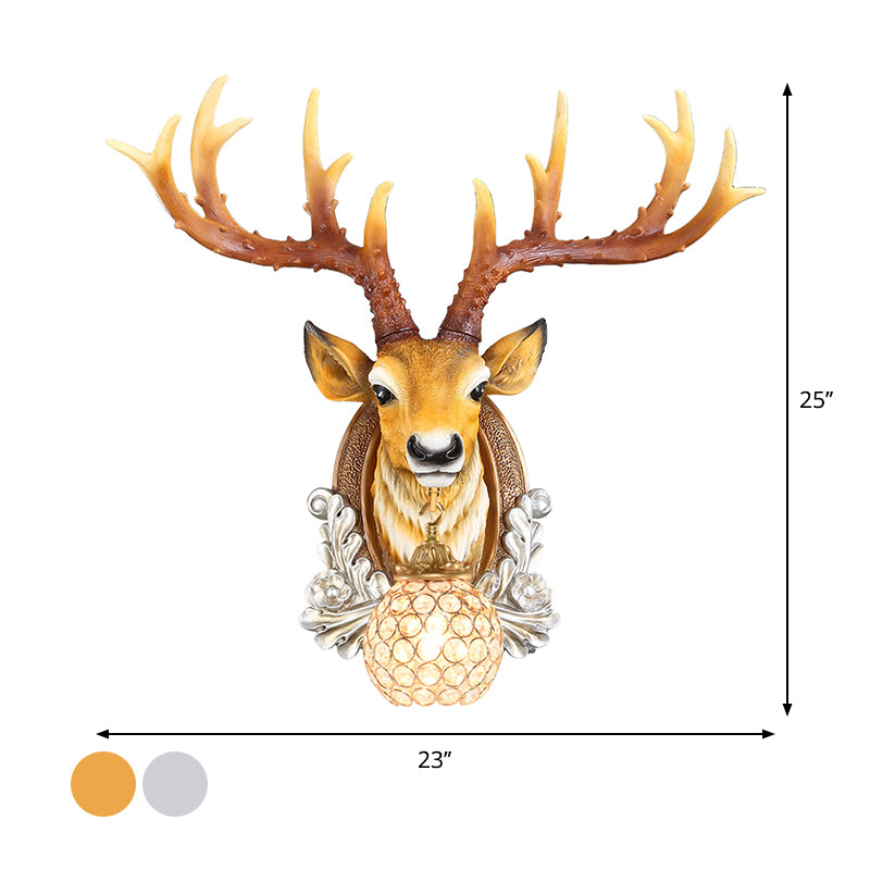 Ball Living Room Wall Sconce Cottage Beveled K9 Crystal 1 Head Grey/Yellow Wall Mounted Lighting with Deer Head Design
