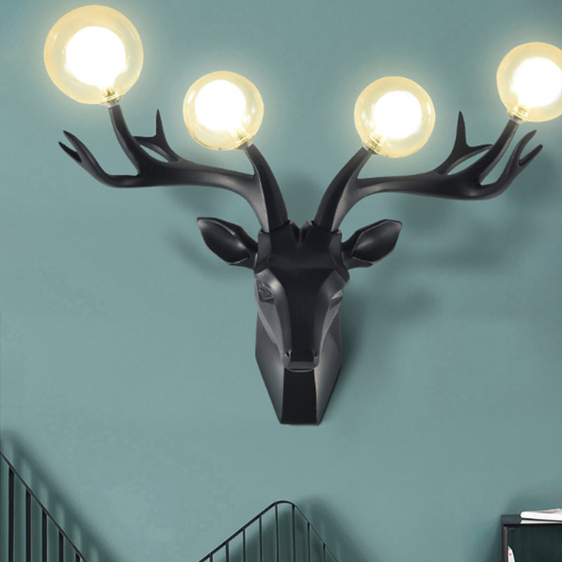 Sika Deer Living Room Wall Lamp Classic Style Resin 4 Heads Black/White/Blue Wall Sconce Light with Orb Clear Crystal Shade