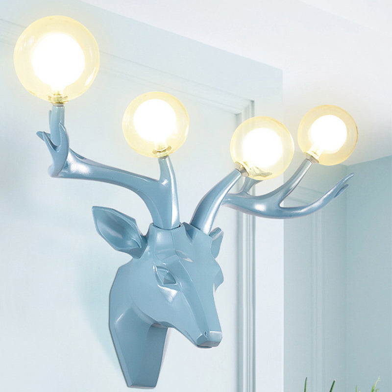 Sika Deer Living Room Wall Lamp Classic Style Resin 4 Heads Black/White/Blue Wall Sconce Light with Orb Clear Crystal Shade