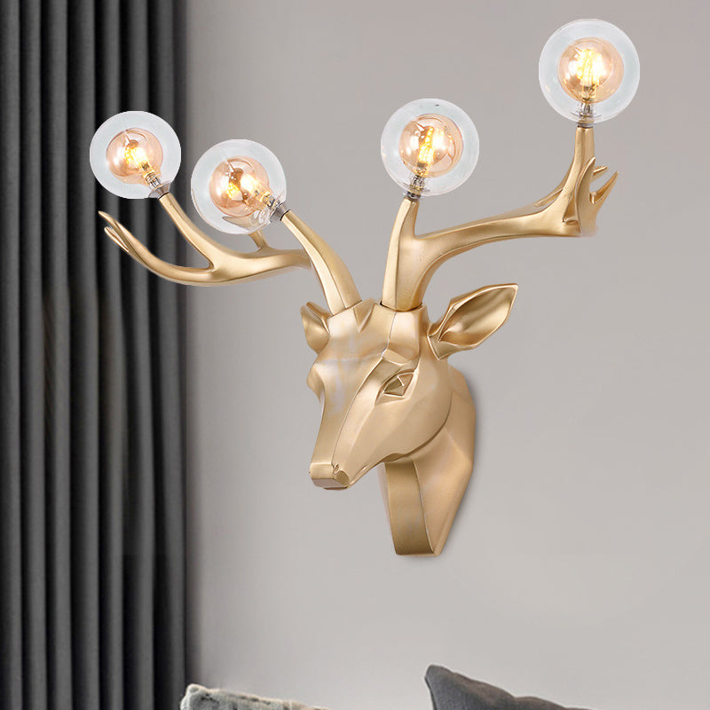 Sika Deer Living Room Wall Lamp Classic Style Resin 4 Heads Black/White/Blue Wall Sconce Light with Orb Clear Crystal Shade