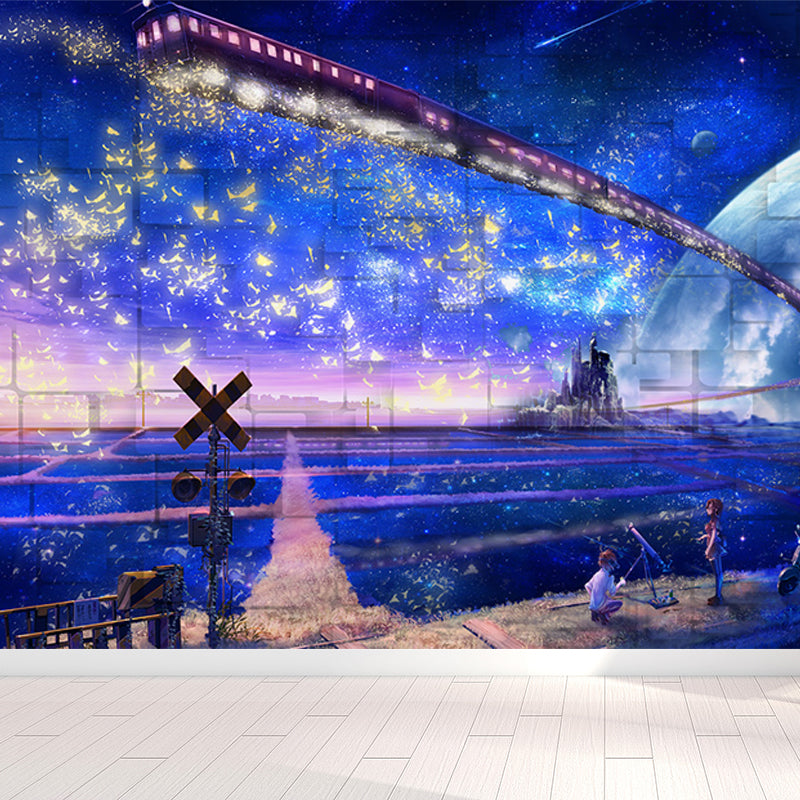 Modern Planet View Mural Wallpaper Blue Waterproofing Wall Covering for Girls Bedroom