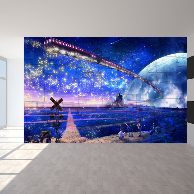 Modern Planet View Mural Wallpaper Blue Waterproofing Wall Covering for Girls Bedroom