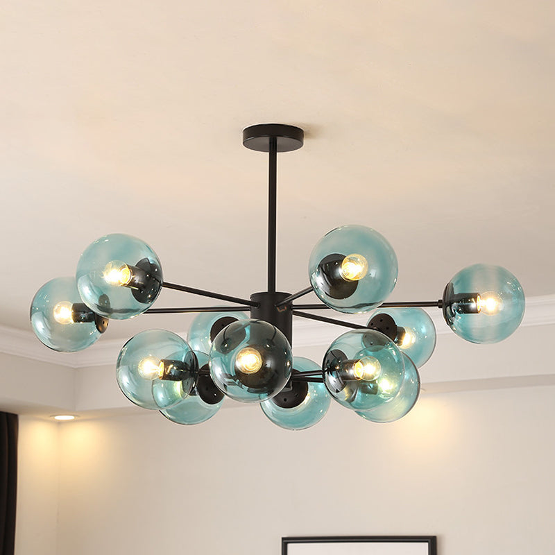 Amber/Blue/Clear Glass Spherical Chandelier Light Post Modern 6/8/10 Lights Black Pendant Lamp for Bedroom