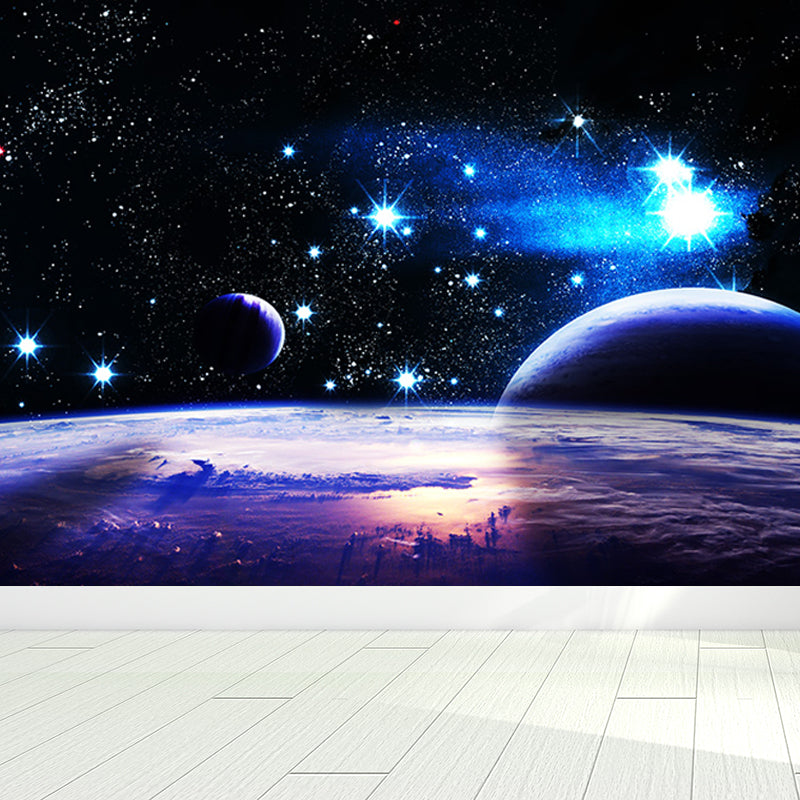 Mystical Planet Wall Mural Contemporary Non-Woven Cloth Wall Covering in Dark Blue
