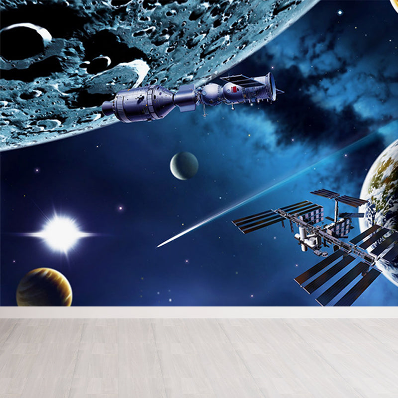 Mystical Planet Wall Mural Contemporary Non-Woven Cloth Wall Covering in Dark Blue