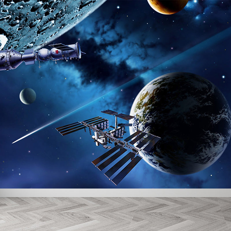 Mystical Planet Wall Mural Contemporary Non-Woven Cloth Wall Covering in Dark Blue