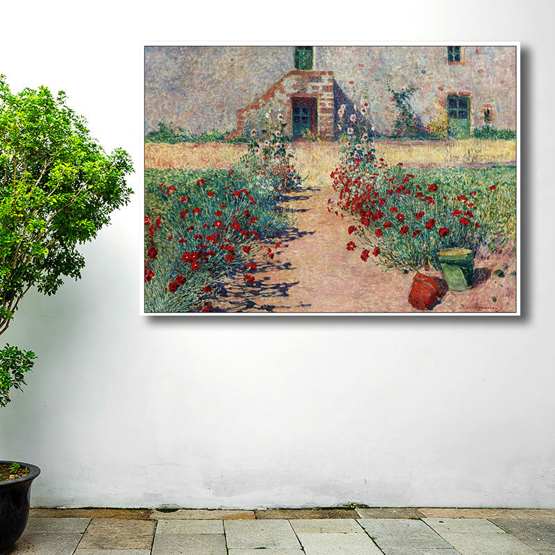 French Country Canvas Art Green House Front Flower Lane Painting for Living Room