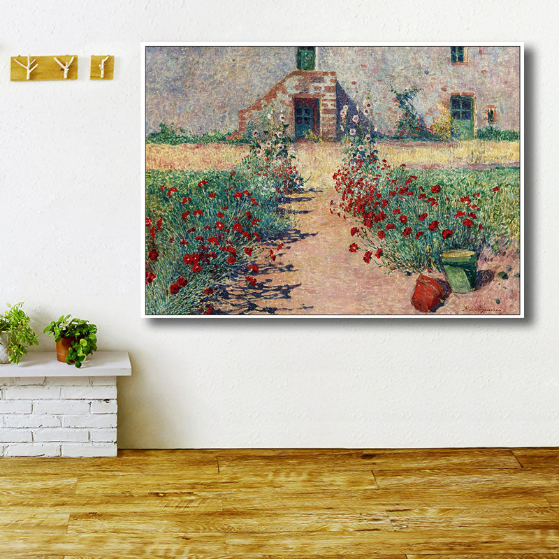 French Country Canvas Art Green House Front Flower Lane Painting for Living Room