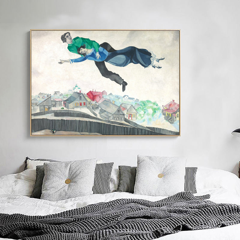 Lovers in the Sky Painting for Bedroom Marc Chagall Wall Art Decor in Blue, Textured