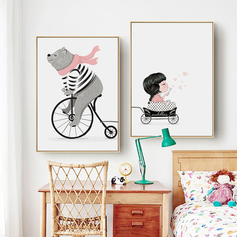 White Bear and Girl Canvas Art Decorative Cartoon for Playroom Painting, Multiple Sizes