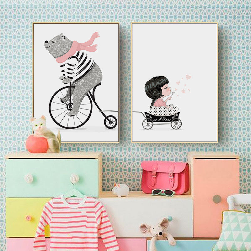 White Bear and Girl Canvas Art Decorative Cartoon for Playroom Painting, Multiple Sizes