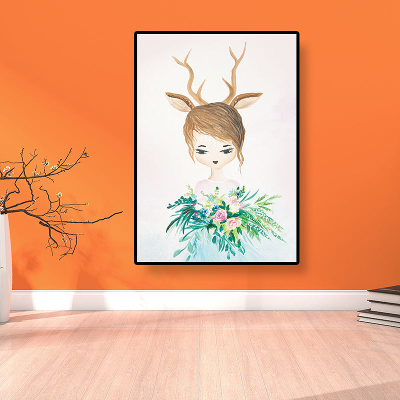 Fantasy Deer Girl Painting Canvas Childrens Art Textured Wall Decor in Pastel Color