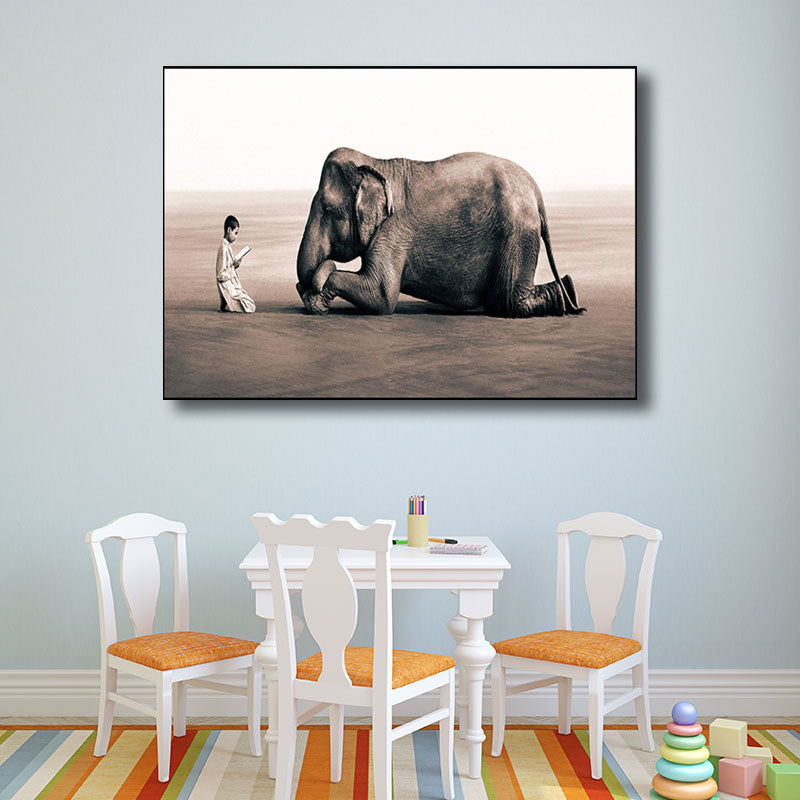 Photograph Print Modernist Canvas Art with Boy and Elephant Pattern in Black for Parlor