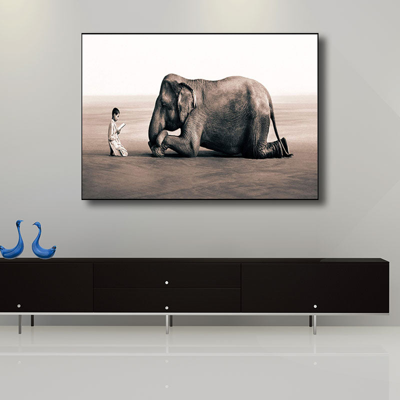 Photograph Print Modernist Canvas Art with Boy and Elephant Pattern in Black for Parlor