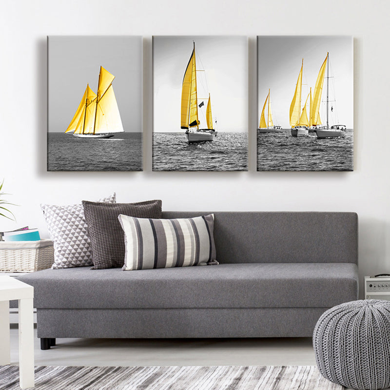 Tropix Ocean Sailing Ships Canvas Gold and Grey Textured Wall Art Decor for Home