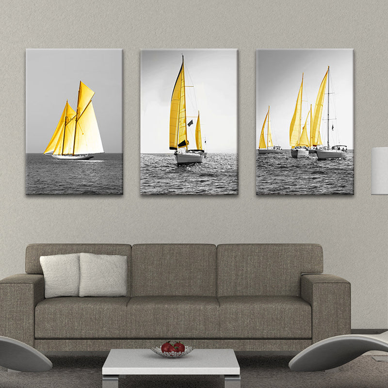 Tropix Ocean Sailing Ships Canvas Gold and Grey Textured Wall Art Decor for Home