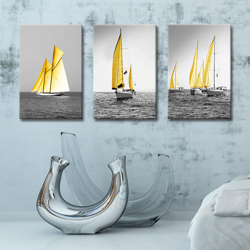 Tropix Ocean Sailing Ships Canvas Gold and Grey Textured Wall Art Decor for Home