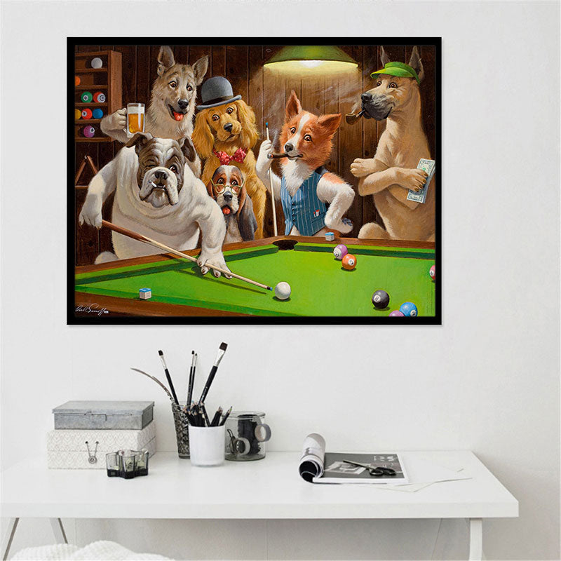 Textured Brown Wall Decor Modernist Dogs Playing Billiard Canvas Print for Study Room