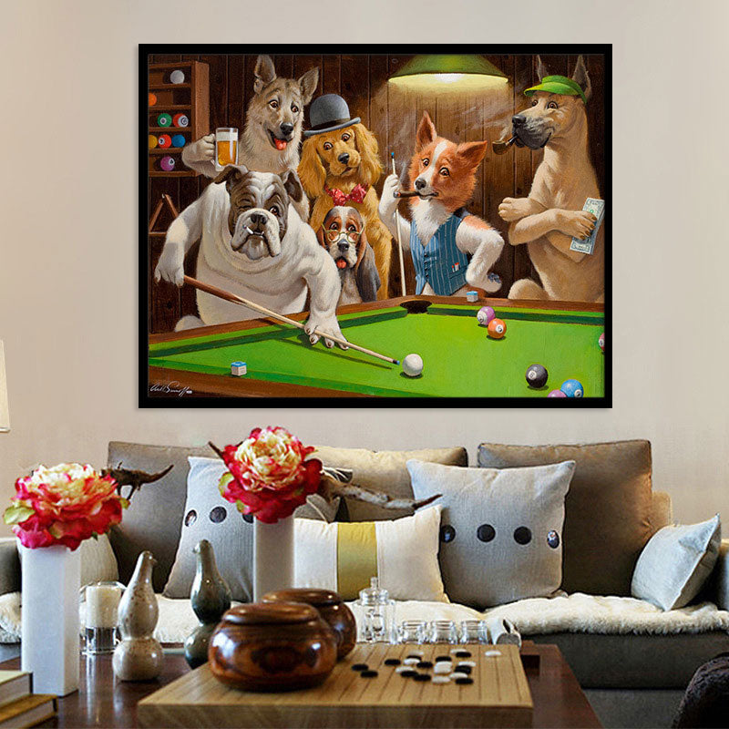 Textured Brown Wall Decor Modernist Dogs Playing Billiard Canvas Print for Study Room