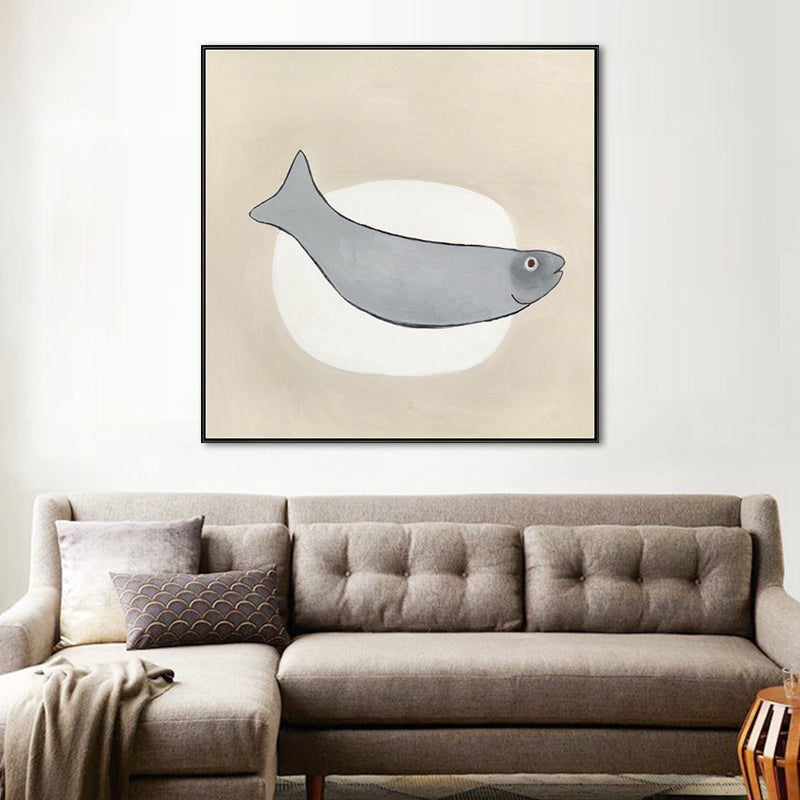 Cartoon Square Wall Art Decor Grey Fish and Elliptical Canvas Print for Dining Room