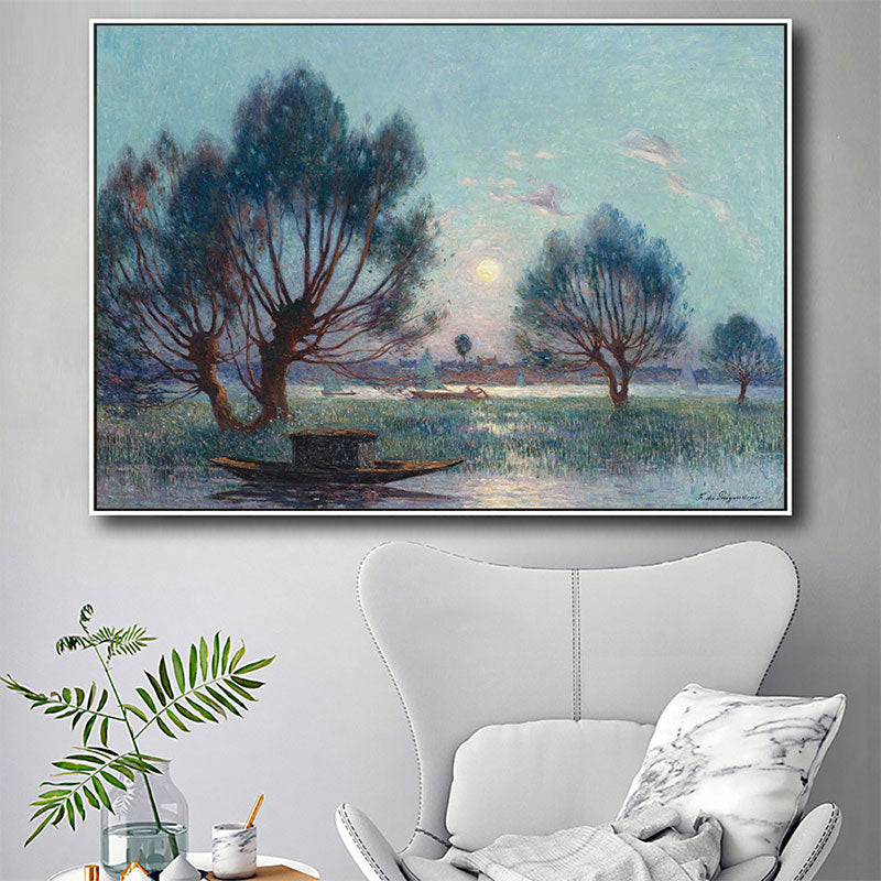 Green Scenery Painting Boat and Riverside Tree under Moon Night Sky Rural Textured Wall Art