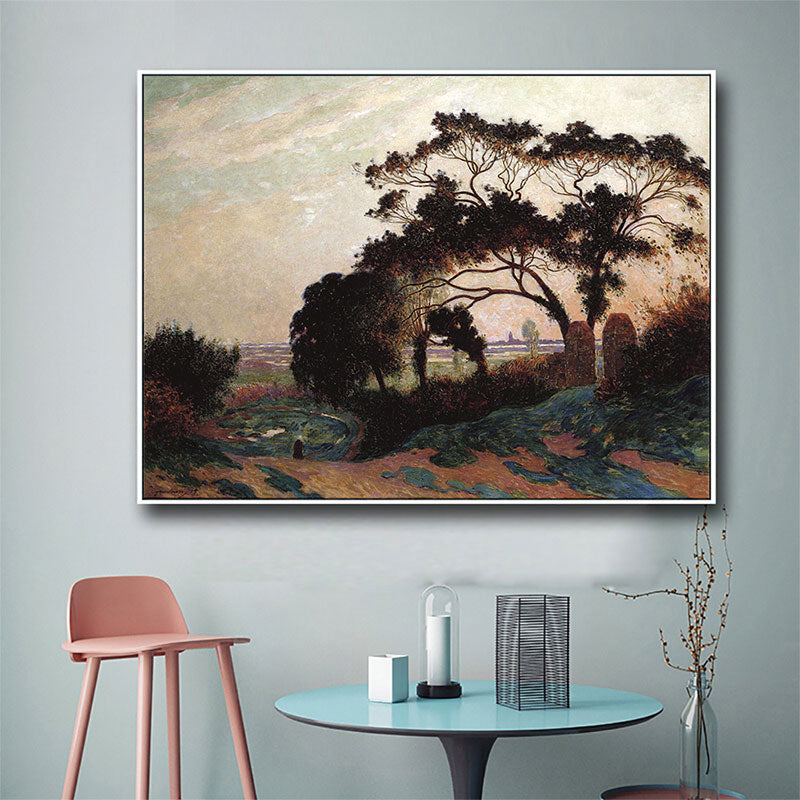Brown Farmhouse Style Wall Art Sunset Tree Scenery Canvas Print for Sitting Room
