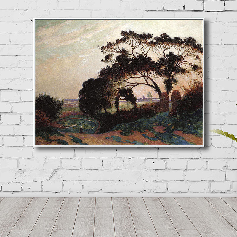 Brown Farmhouse Style Wall Art Sunset Tree Scenery Canvas Print for Sitting Room