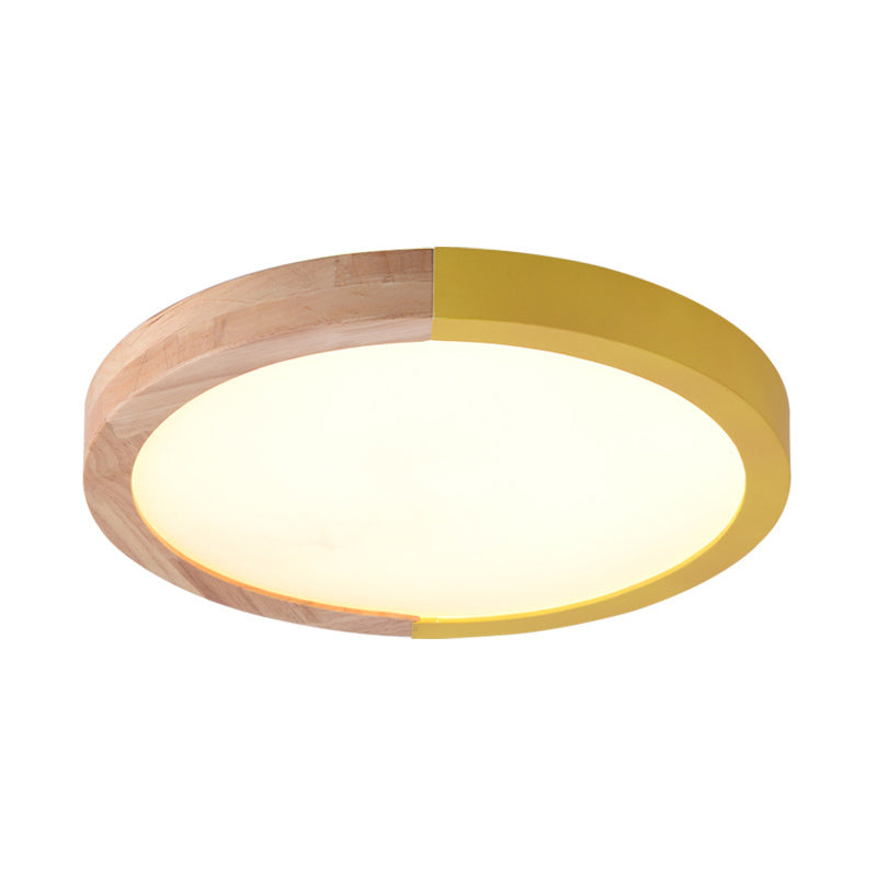 Drum Flush Mount Light, Modern Ceiling Light with Wood and Acrylic Round Shade for Kids Bedroom