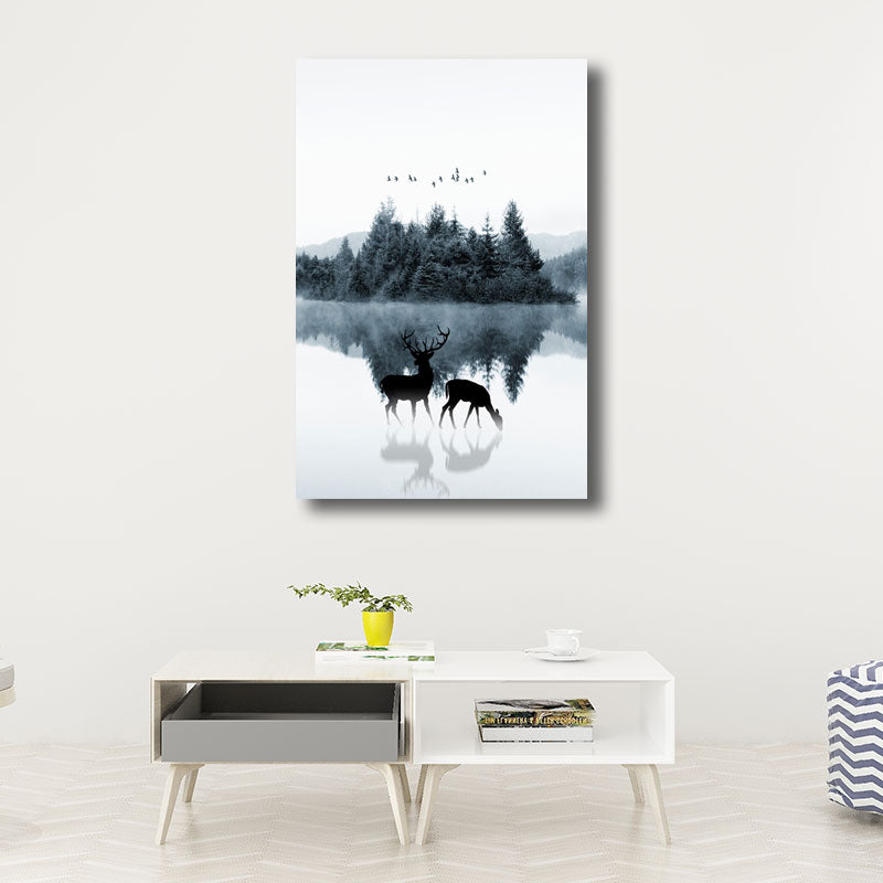 Reflection Wall Decor Contemporary Calming Deer and Forest Canvas Prints in Blue for Guest Room
