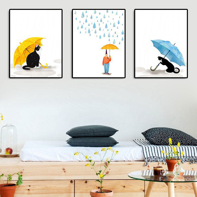 Cartoon Raining and Umbrella Canvas Light Color Home Wall Art Decor for Playroom