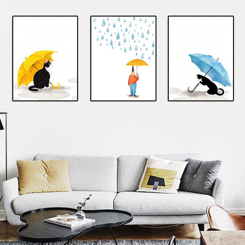 Cartoon Raining and Umbrella Canvas Light Color Home Wall Art Decor for Playroom