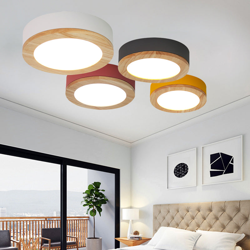 Drum Ceiling Light, Kids Flush Mount Light Fixture with Wood and Acrylic Shade for Bedroom