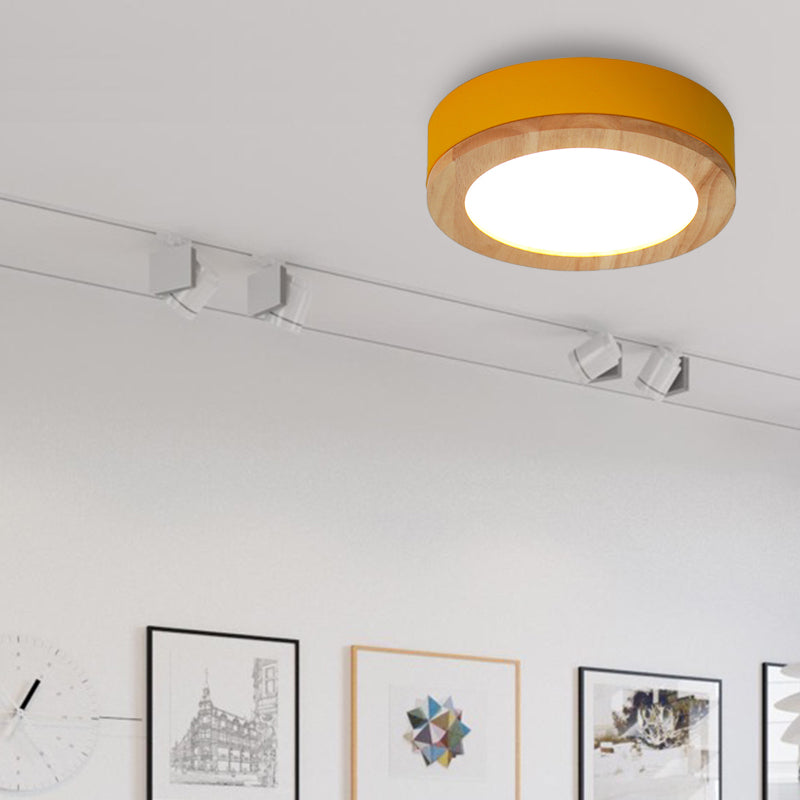 Drum Ceiling Light, Kids Flush Mount Light Fixture with Wood and Acrylic Shade for Bedroom