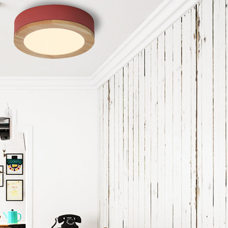Drum Ceiling Light, Kids Flush Mount Light Fixture with Wood and Acrylic Shade for Bedroom