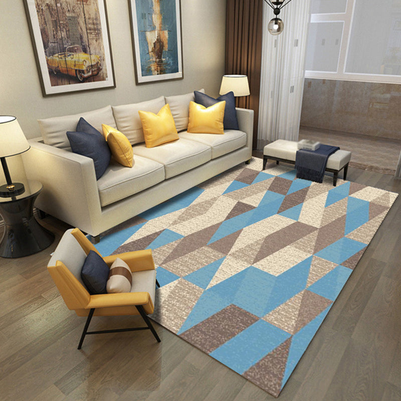 Blue and Grey Bedroom Rug Modern Geometric Pattern Area Rug Polyester Washable Non-Slip Backing Carpet
