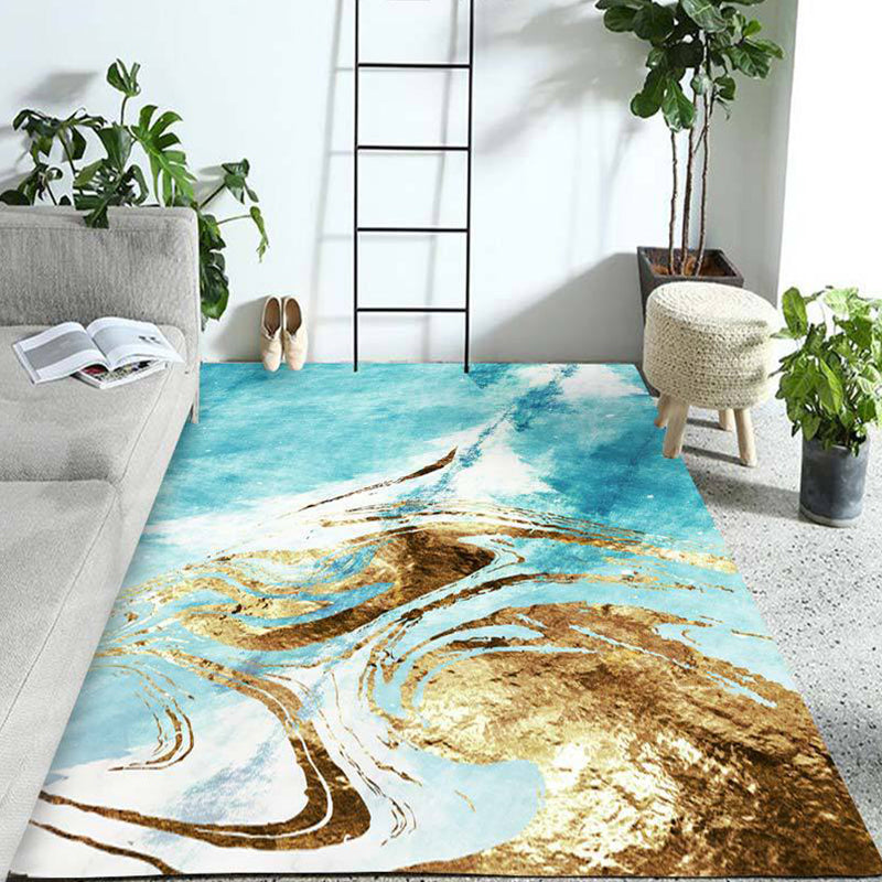 Blue and Gold Bedroom Rug Modern Abstract Pattern Area Rug Polyester Stain-Resistant Carpet