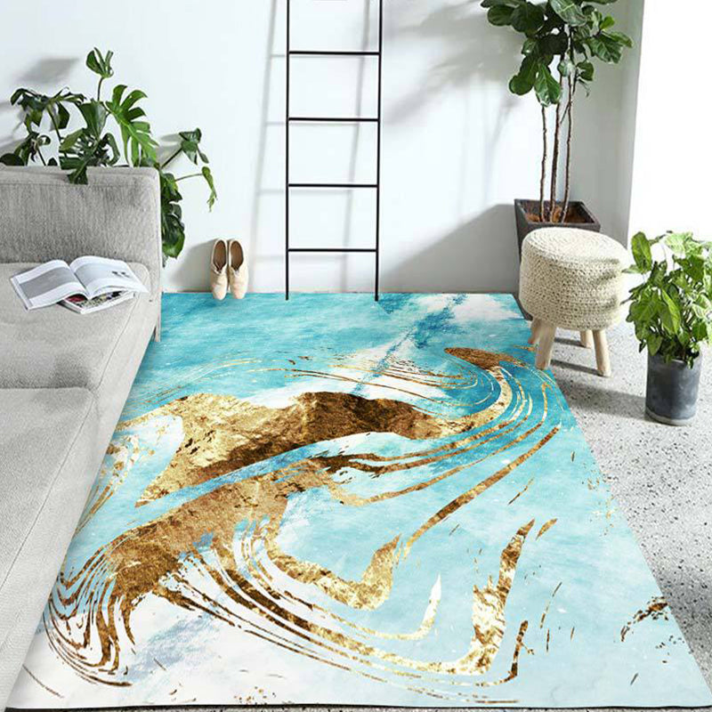 Blue and Gold Bedroom Rug Modern Abstract Pattern Area Rug Polyester Stain-Resistant Carpet